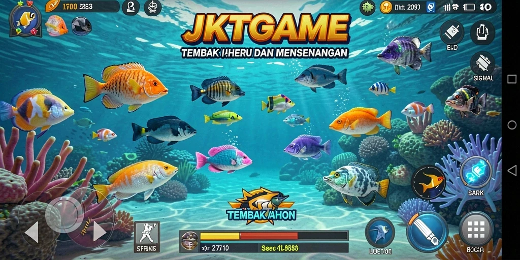 Screenshot JKTGAME menampilkan pemain menangkap ikan besar dengan senjata.