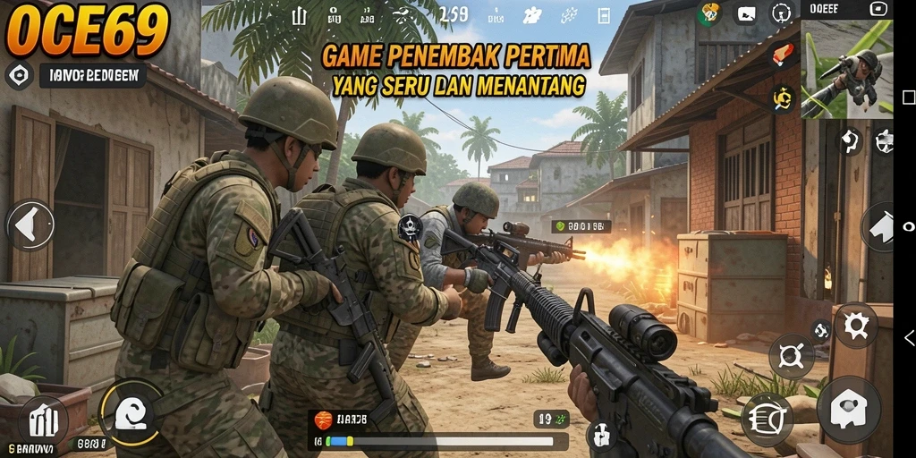 Screenshot OCE69 menunjukkan pertarungan seru antara pemain di medan perang FPS.