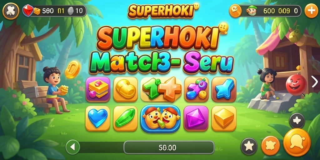Screenshot SUPERHOKI menampilkan aksi mencocokkan item berwarna-warni.