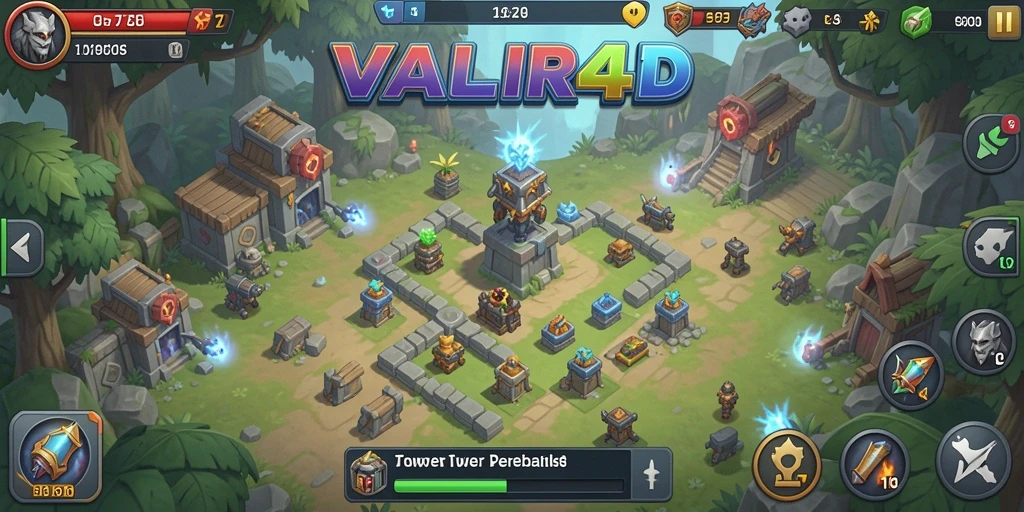 Gameplay VALIR4D menampilkan menara pertahanan dalam aksi menghalau musuh.